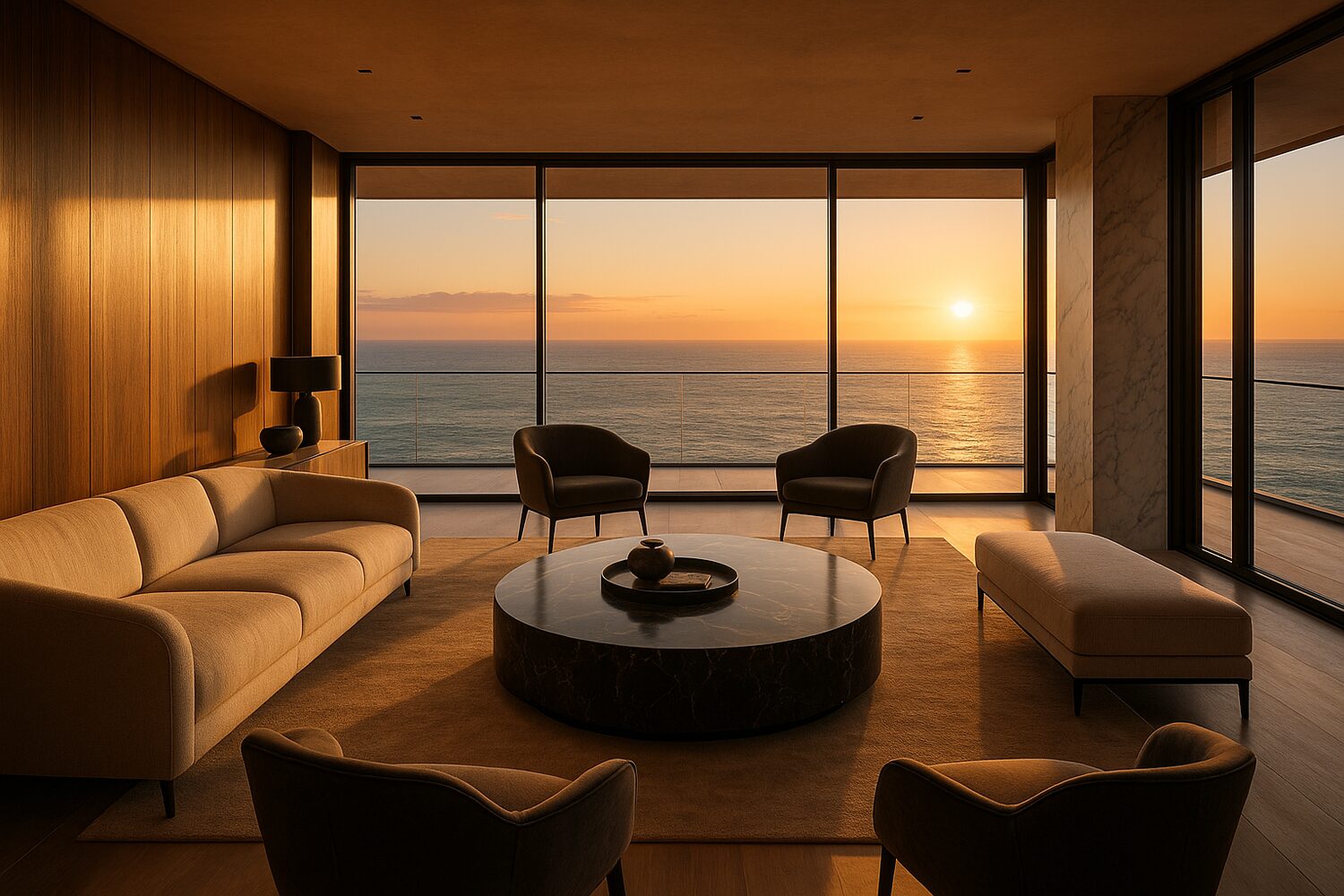 Aperçu d'une expérience immobilière immersive — salon d'exception avec vue mer